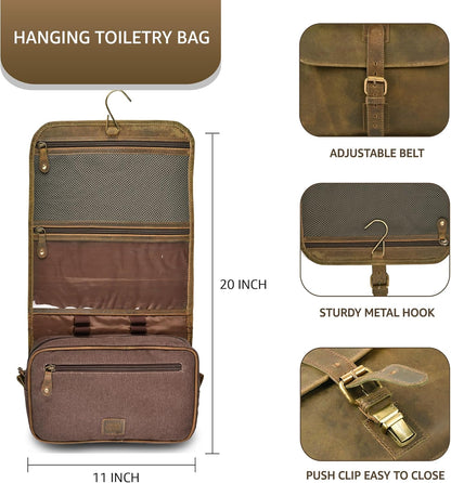 Hanging Genuine Leather Toiletry Bag for Men & Women with Waterproof Lining – Handcrafted Vintage Travel Dopp Kit, Shaving Organizer & Shower Bathroom Essentials Case - Brown
