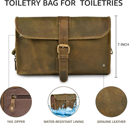 Hanging Genuine Leather Toiletry Bag for Men & Women with Waterproof Lining – Handcrafted Vintage Travel Dopp Kit, Shaving Organizer & Shower Bathroom Essentials Case - Brown