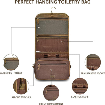 Hanging Genuine Leather Toiletry Bag for Men & Women with Waterproof Lining – Handcrafted Vintage Travel Dopp Kit, Shaving Organizer & Shower Bathroom Essentials Case - Brown