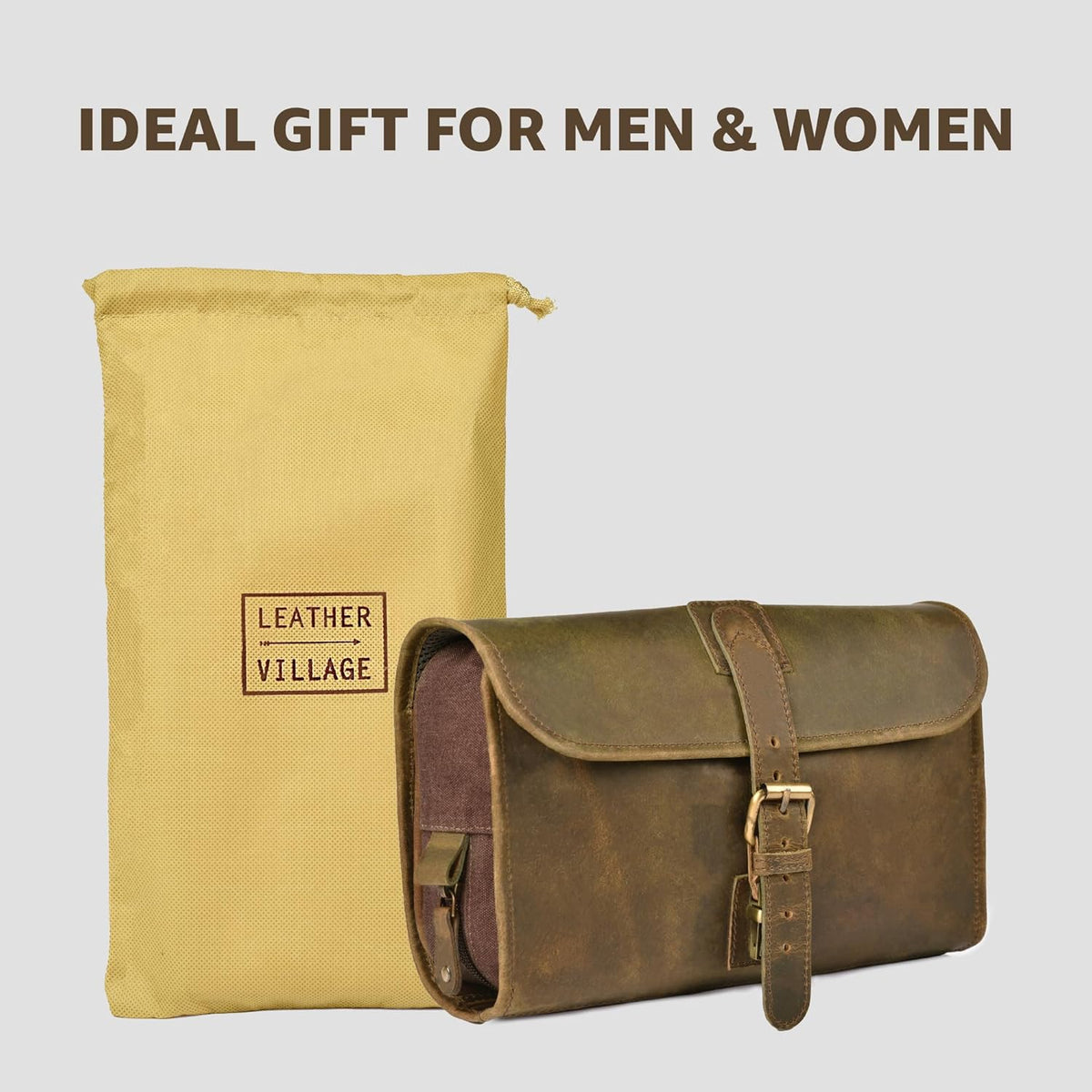 Hanging Genuine Leather Toiletry Bag for Men & Women with Waterproof Lining – Handcrafted Vintage Travel Dopp Kit, Shaving Organizer & Shower Bathroom Essentials Case - Brown