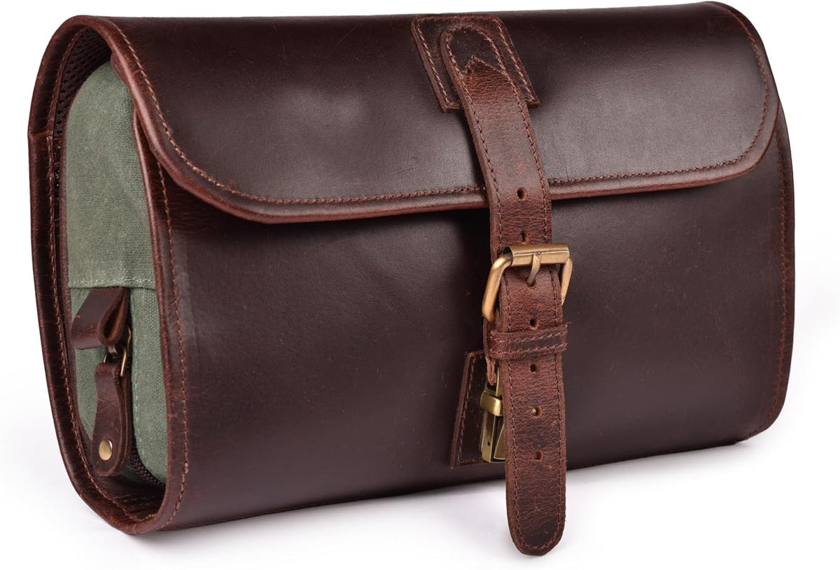 Hanging Genuine Leather Toiletry Bag for Men & Women with Waterproof Lining – Handcrafted Vintage Travel Dopp Kit, Shaving Organizer & Shower Bathroom Essentials Case - Brown