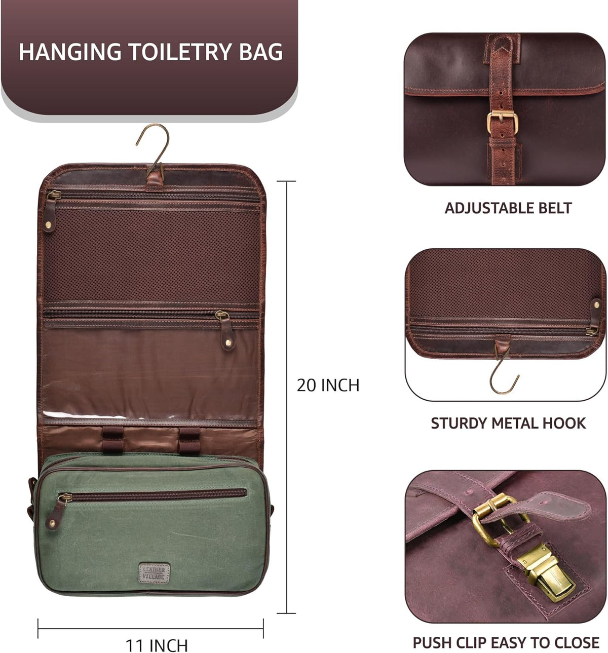 Hanging Genuine Leather Toiletry Bag for Men & Women with Waterproof Lining – Handcrafted Vintage Travel Dopp Kit, Shaving Organizer & Shower Bathroom Essentials Case - Brown