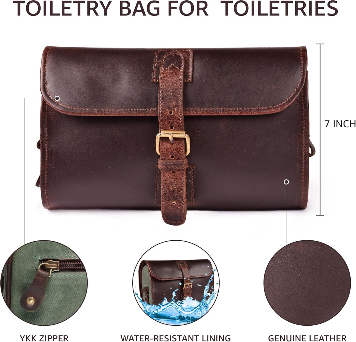 Hanging Genuine Leather Toiletry Bag for Men & Women with Waterproof Lining – Handcrafted Vintage Travel Dopp Kit, Shaving Organizer & Shower Bathroom Essentials Case - Brown