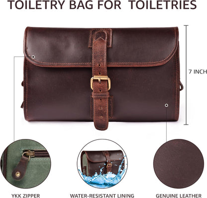 Hanging Genuine Leather Toiletry Bag for Men & Women with Waterproof Lining – Handcrafted Vintage Travel Dopp Kit, Shaving Organizer & Shower Bathroom Essentials Case - Brown