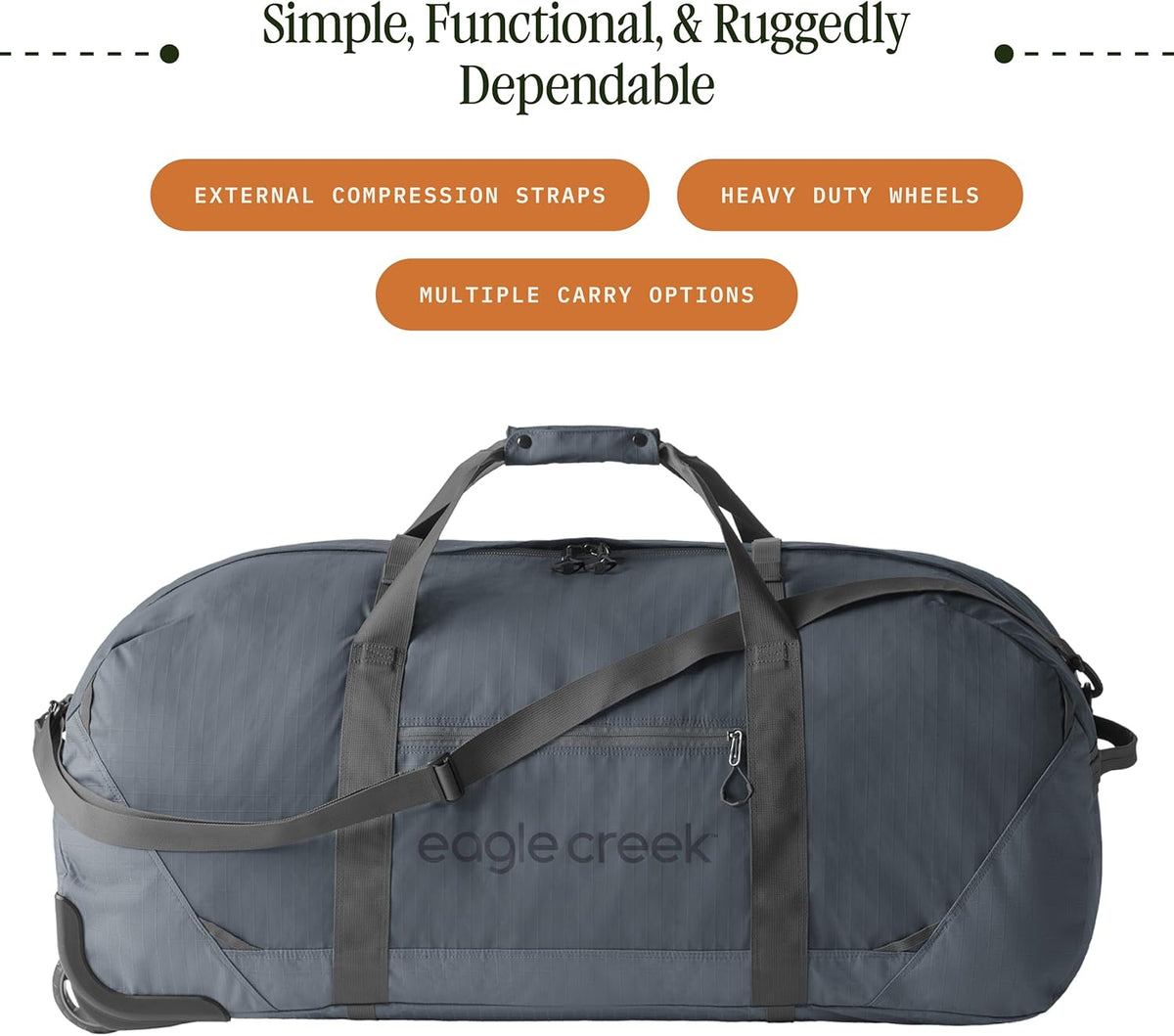 No Matter What Rolling Duffel - Durable Rolling Bag for Travel - Adjustable Shoulder Strap - Heavy Duty Wheels - Lockable Zippers - Multiple Carry Options - 130L - Smoke