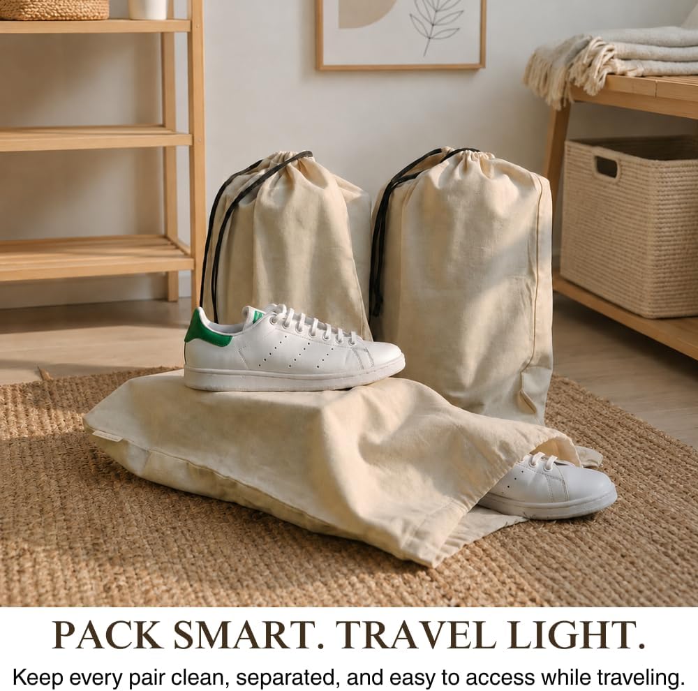 3 Pack Shoe Bags for Travel, Drawstring Portable Shoe Bags for Storage, Travel Essential Cotton Footwear Laundry Bag For Men & Women, Dustproof Reusable Organizer Bags for Sneakers: 23"x19"