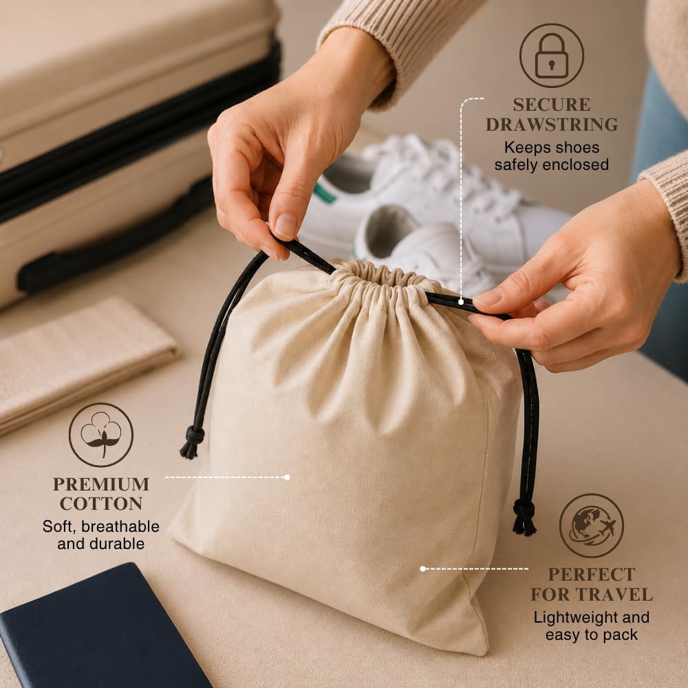 3 Pack Shoe Bags for Travel, Drawstring Portable Shoe Bags for Storage, Travel Essential Cotton Footwear Laundry Bag For Men & Women, Dustproof Reusable Organizer Bags for Sneakers: 23"x19"