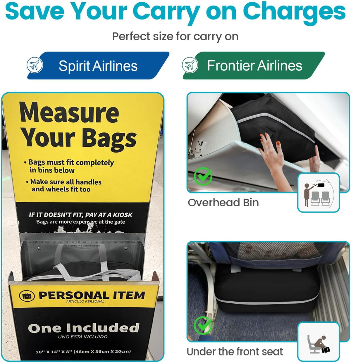 Spirit Airlines Personal Item Bag 18x14x8 Inch - 30L Carry on Personal Item Travel Bags for Short Trip, Lightweight Compact Underseat Foldable Travel Duffel Bags, Black