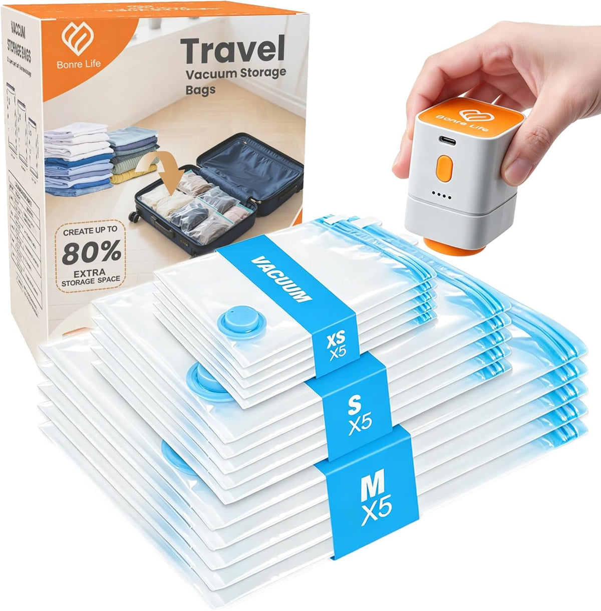 Travel Vacuum Storage Bags with Rechargeable Cordless Pump, 15-Pack Space Saver Bags for Suitcase & Luggage, Reusable Compression Bags in 3 Carry-On Sizes(16/20/24 Inch)