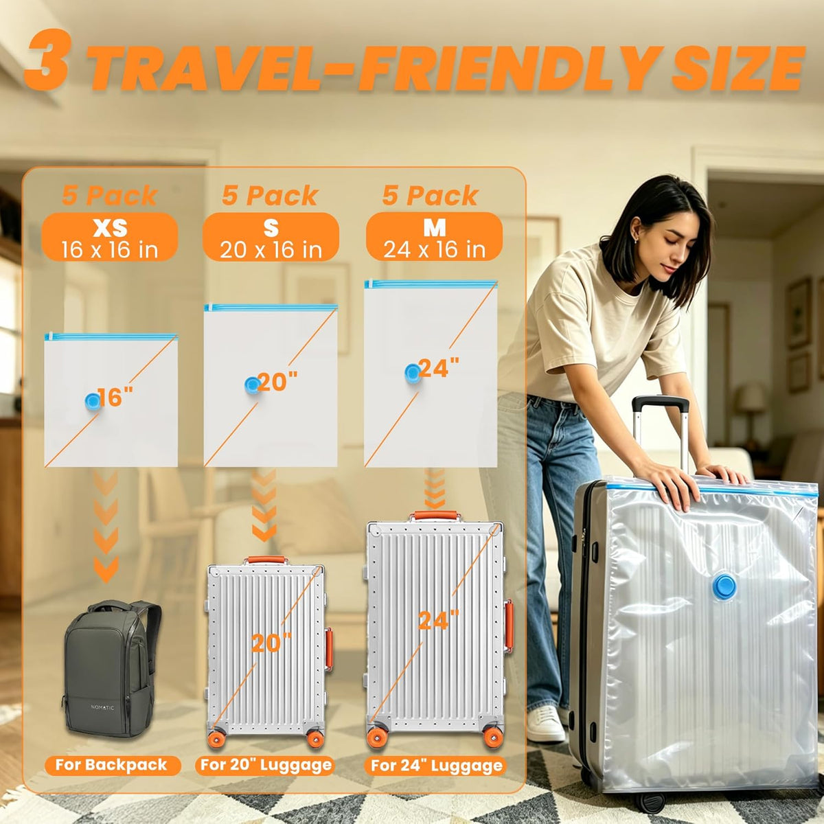 Travel Vacuum Storage Bags with Rechargeable Cordless Pump, 15-Pack Space Saver Bags for Suitcase & Luggage, Reusable Compression Bags in 3 Carry-On Sizes(16/20/24 Inch)