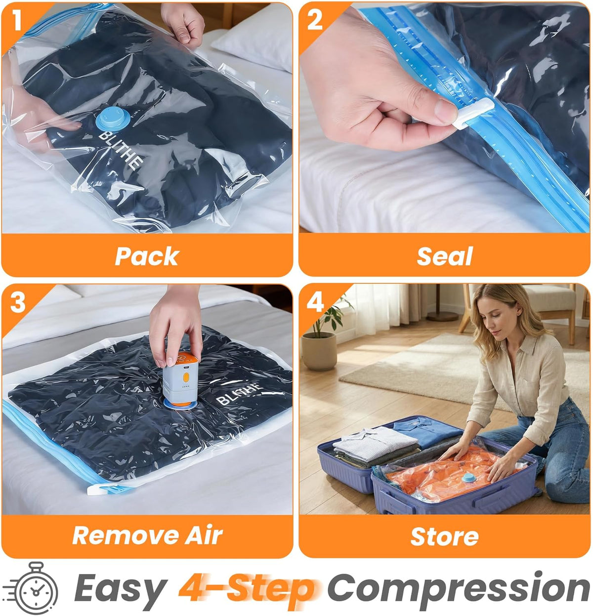 Travel Vacuum Storage Bags with Rechargeable Cordless Pump, 15-Pack Space Saver Bags for Suitcase & Luggage, Reusable Compression Bags in 3 Carry-On Sizes(16/20/24 Inch)