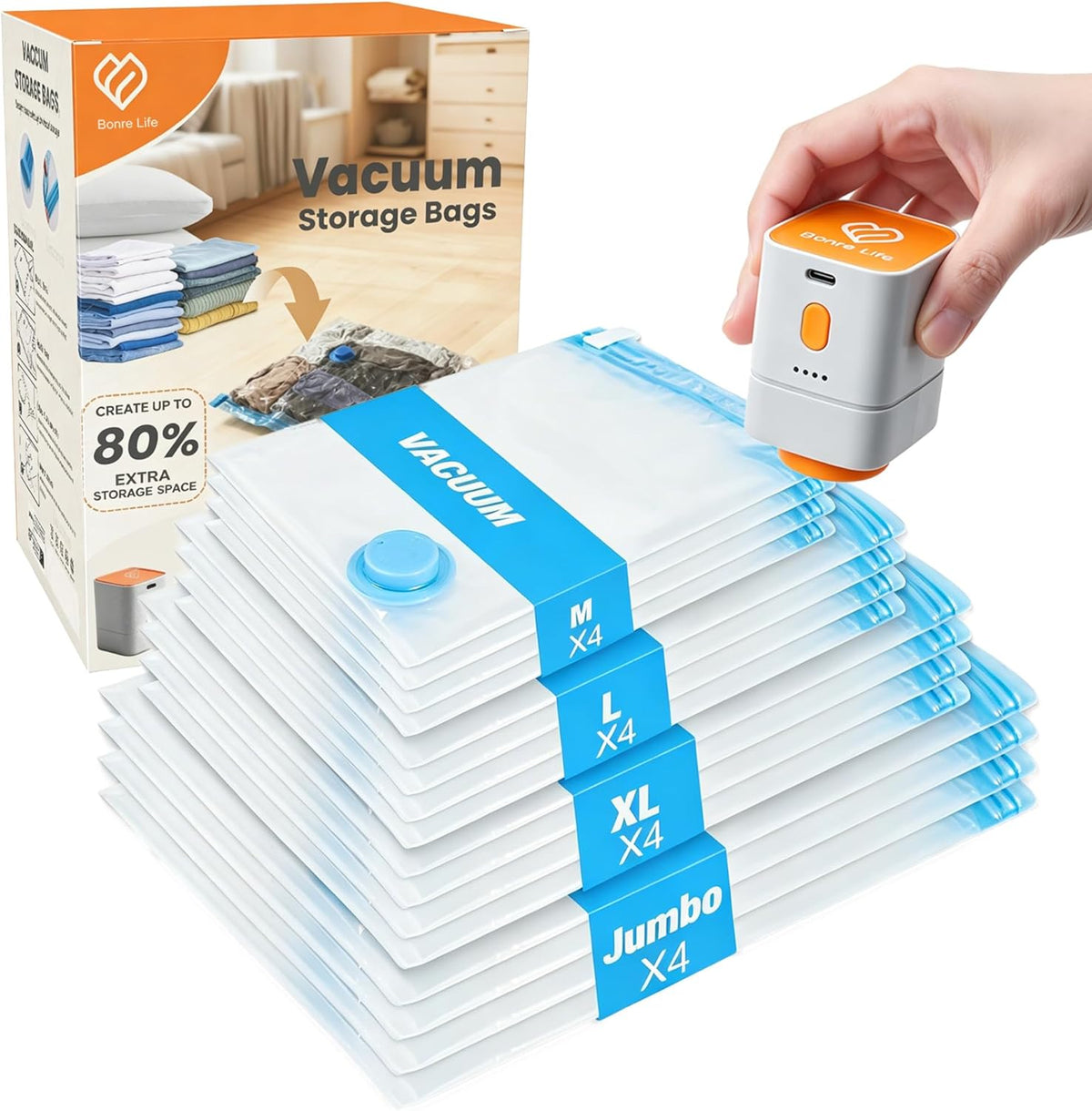 Travel Vacuum Storage Bags with Rechargeable Cordless Pump, 15-Pack Space Saver Bags for Suitcase & Luggage, Reusable Compression Bags in 3 Carry-On Sizes(16/20/24 Inch)