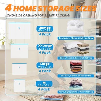 Travel Vacuum Storage Bags with Rechargeable Cordless Pump, 15-Pack Space Saver Bags for Suitcase & Luggage, Reusable Compression Bags in 3 Carry-On Sizes(16/20/24 Inch)
